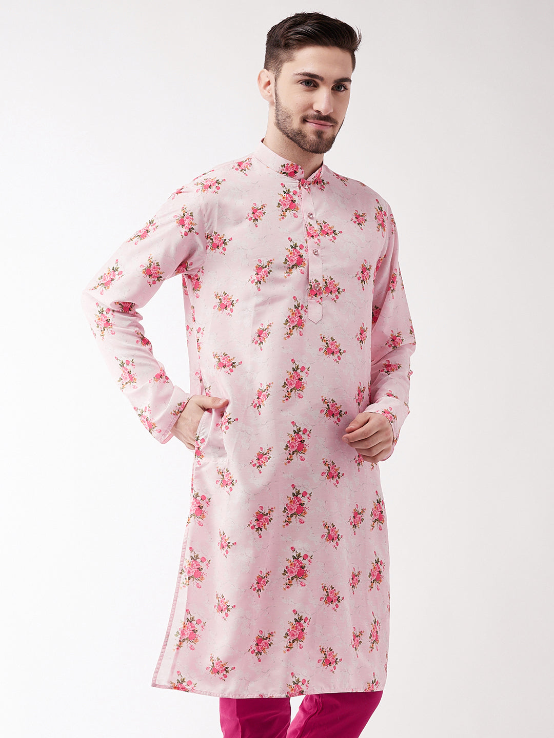 VASTRAMAY Men's Multicolor-Base-Pink Muslin Blend Kurta