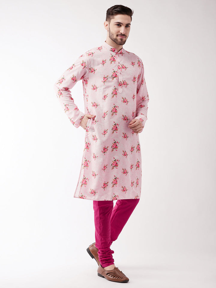 VASTRAMAY Men's Multicolor-Base-Pink Muslin Blend Kurta Pyjama Set