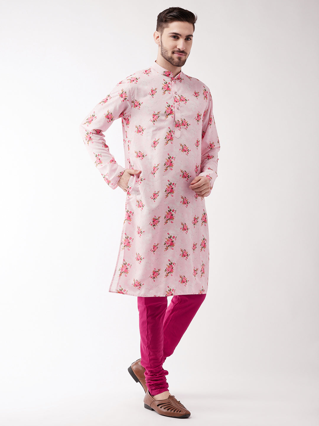 Vastramay Multicolor-Base-Pink Muslin Blend Baap Beta Kurta Pyjama Set