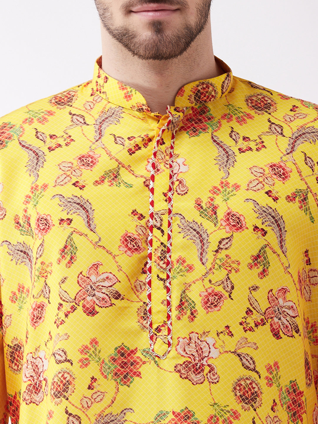 VASTRAMAY Men's Floral Printed Multicolor-Base-Yellow Muslin Blend Kurta