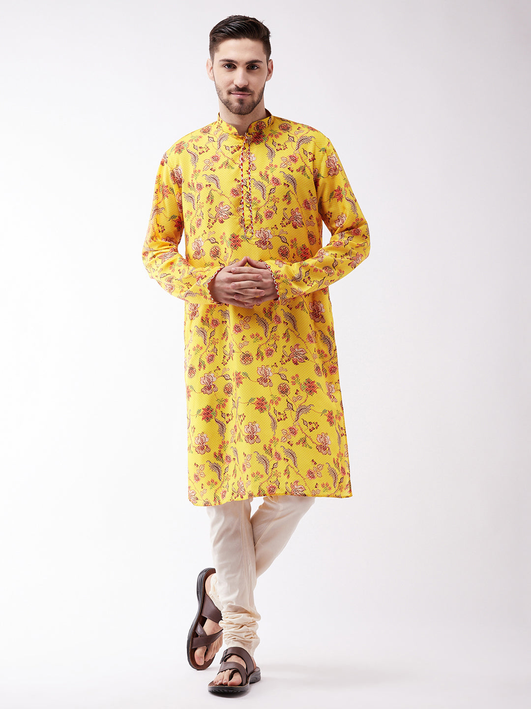 VASTRAMAY Men's Floral Printed Multicolor-Base-Yellow Muslin Blend Kurta And Pyjama Set