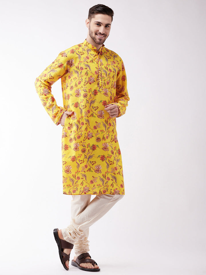 VASTRAMAY Men's Floral Printed Multicolor-Base-Yellow Muslin Blend Kurta And Pyjama Set