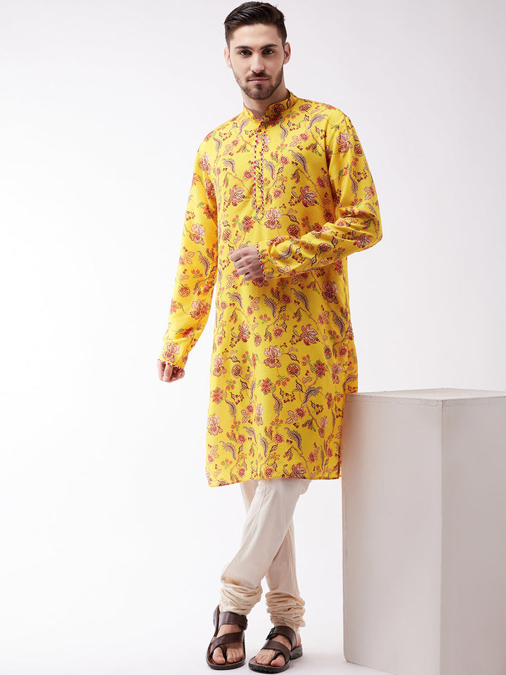 VASTRAMAY Men's Floral Printed Multicolor-Base-Yellow Muslin Blend Kurta And Pyjama Set