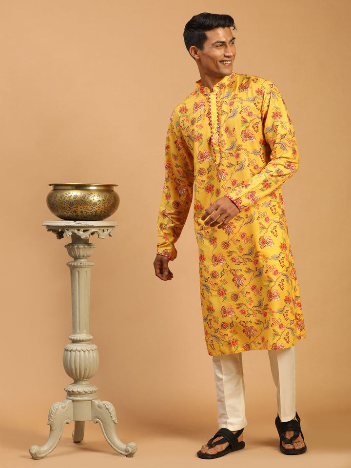 VASTRAMAY Men's Floral Printed Multicolor-Base-Yellow Muslin Blend Kurta With Cream Viscose Pant Set