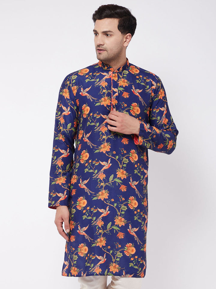 VASTRAMAY Men's Multicolor-Base-Navy Blue Muslin Blend Kurta