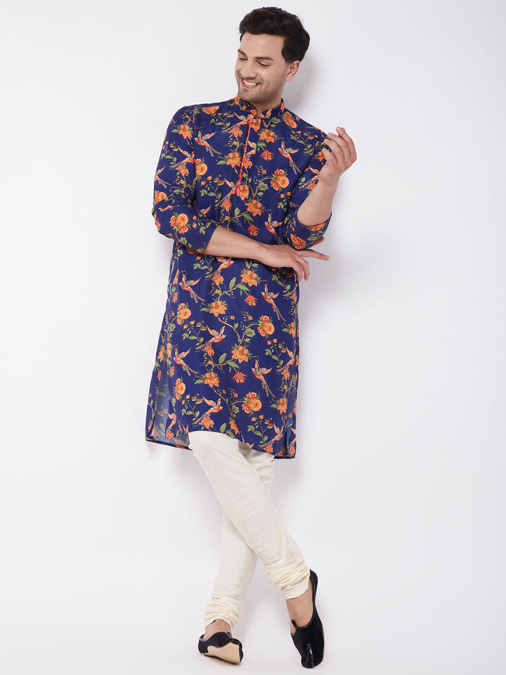 VASTRAMAY Men's Multicolor-Base-Navy Blue Muslin Blend Kurta