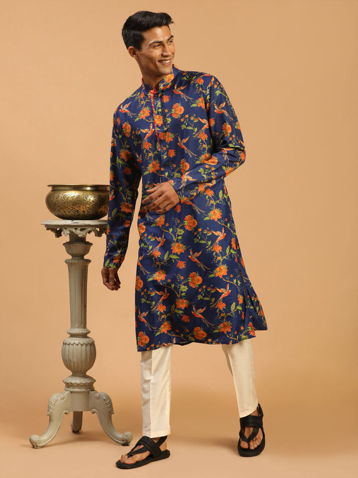 VASTRAMAY Men's Blue Floral Printed Muslin Blend Kurta With Cream Viscose Pant Set