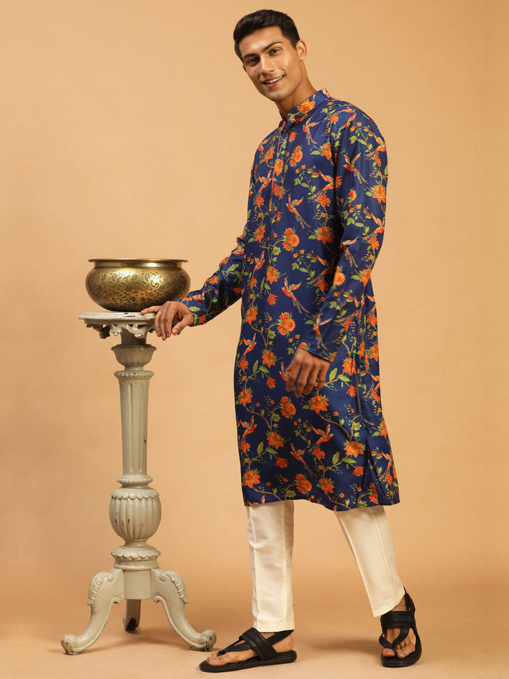 VASTRAMAY Men's Blue Floral Printed Muslin Blend Kurta With Cream Viscose Pant Set