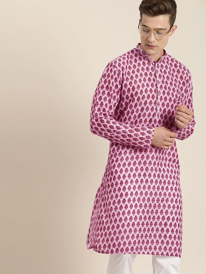 VASTRAMAY Men's Pink Cotton Blend Kurta