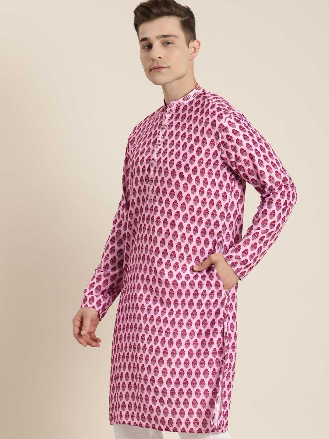 VASTRAMAY Men's Pink Cotton Blend Kurta