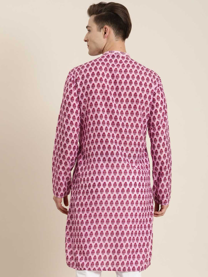 VASTRAMAY Men's Pink Cotton Blend Kurta