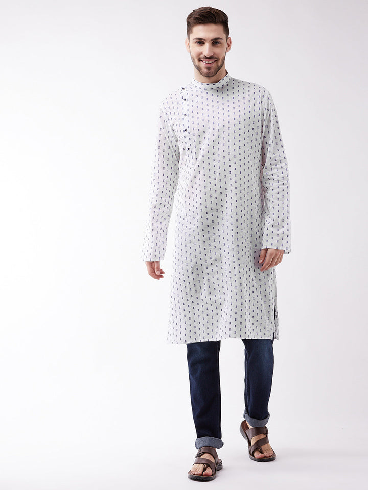 VASTRAMAY Men's White And Blue Cotton Kurta