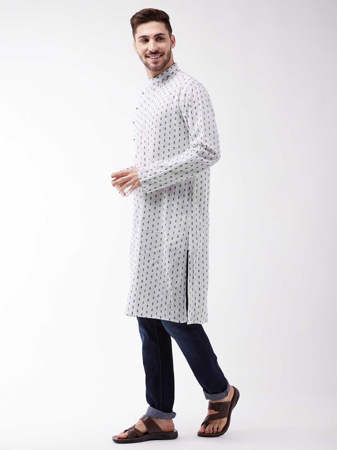 VASTRAMAY Men's White And Blue Cotton Kurta