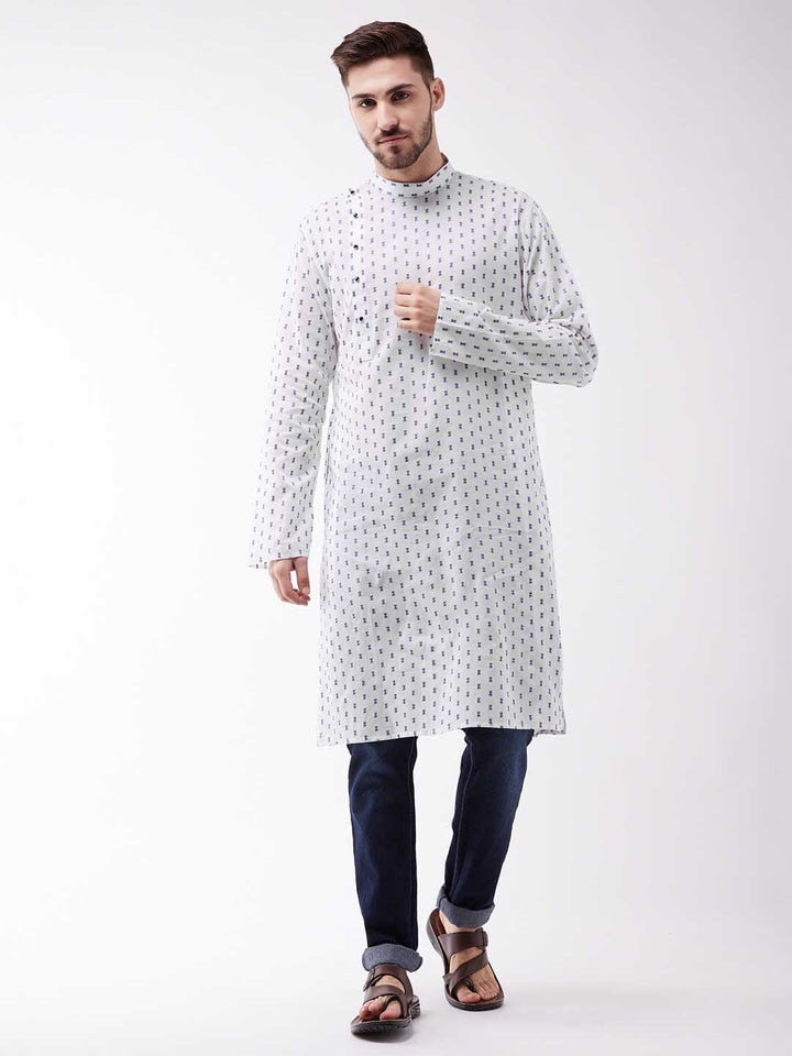 VASTRAMAY Men's White And Blue Cotton Kurta