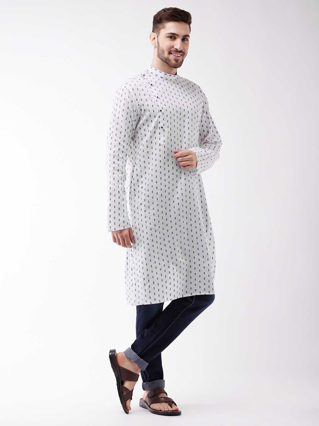 VASTRAMAY Men's White And Blue Cotton Kurta