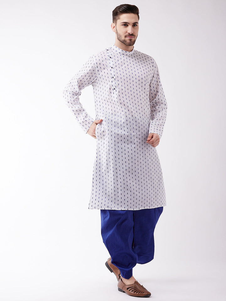 VASTRAMAY Men's White And Blue Cotton Kurta And Dhoti Set