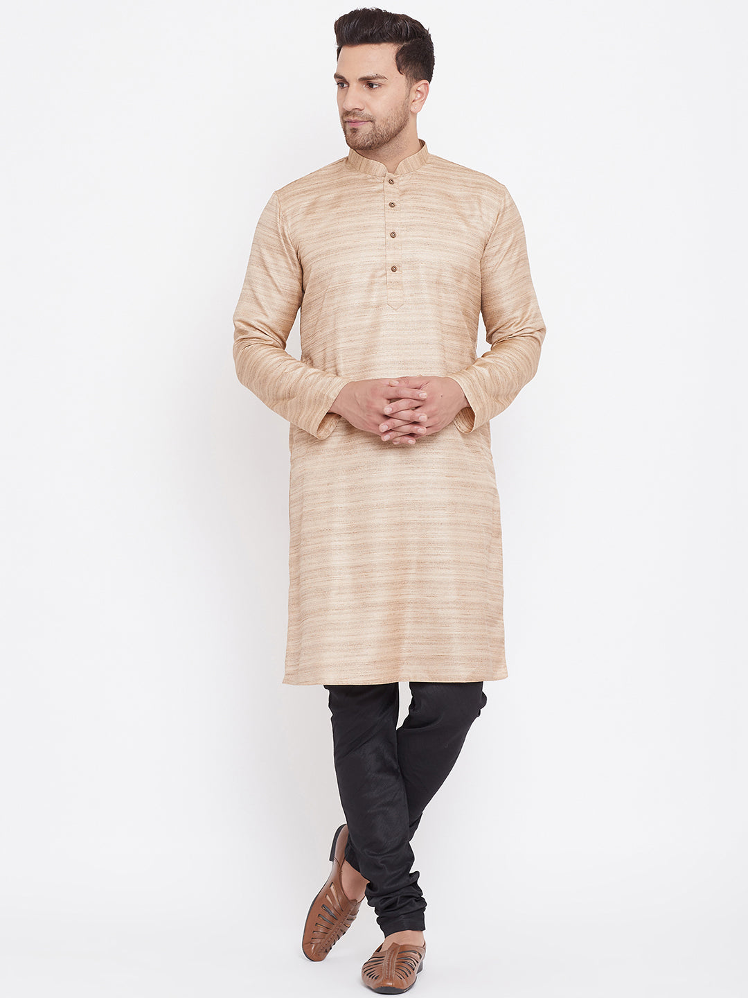 VM BY Vastramay Men's Beige And Black Silk Blend Kurta Pyjama Set