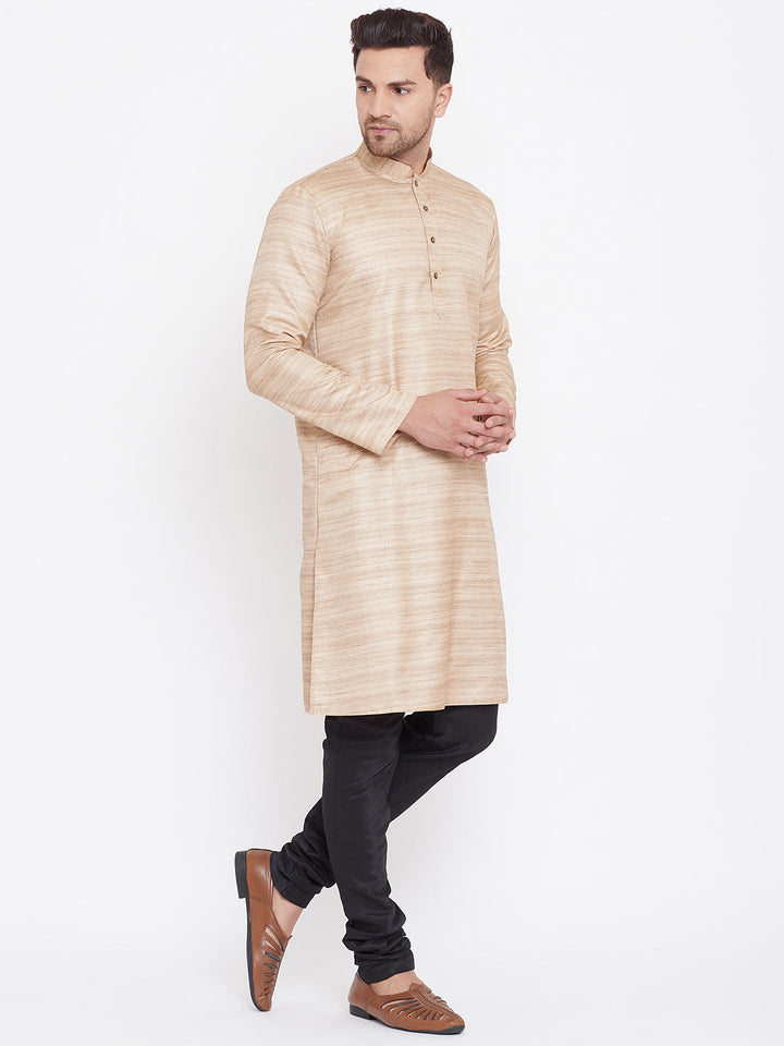 VM BY Vastramay Men's Beige And Black Silk Blend Kurta Pyjama Set