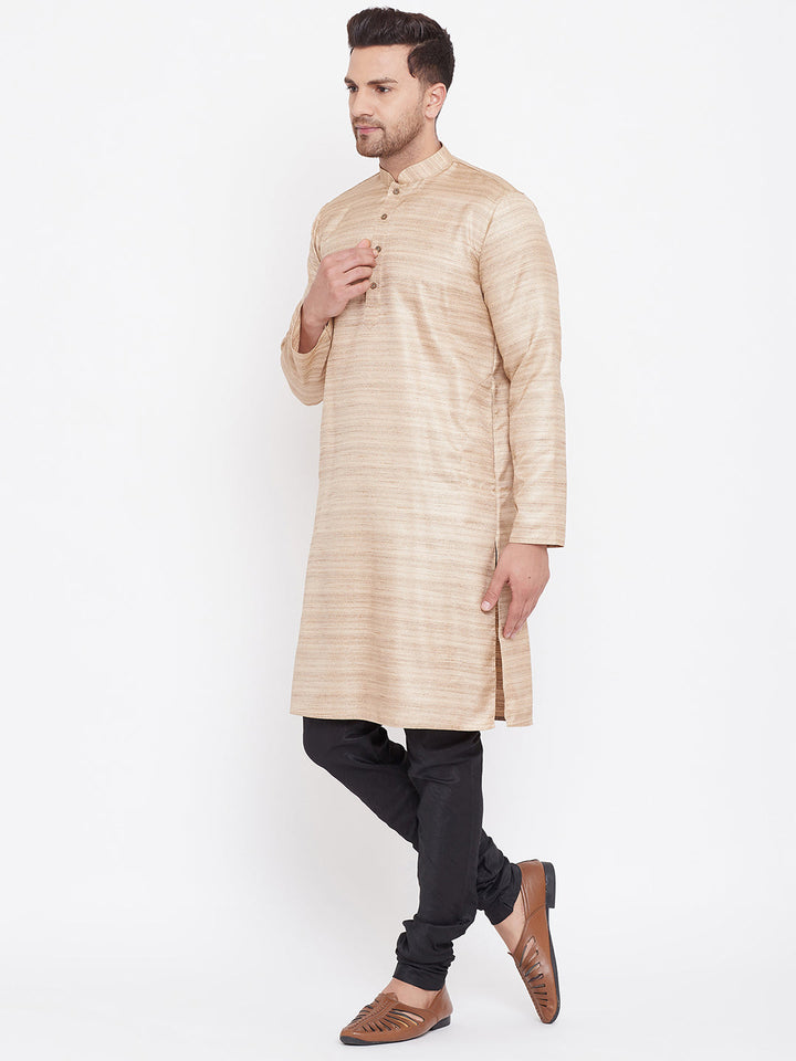 VM BY Vastramay Men's Beige And Black Silk Blend Kurta Pyjama Set