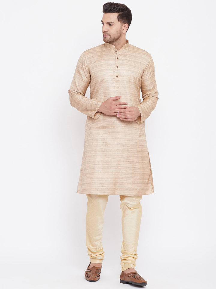 VM BY Vastramay Men's Beige And Gold Silk Blend Kurta Pyjama Set