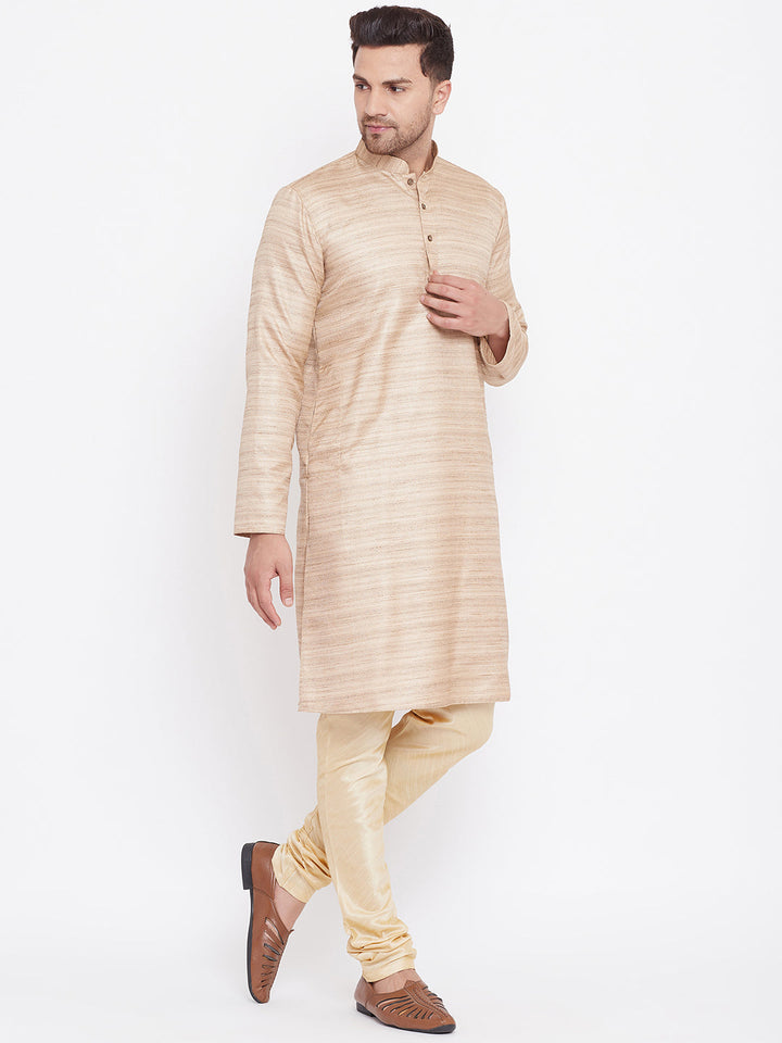 VM BY Vastramay Men's Beige And Gold Silk Blend Kurta Pyjama Set