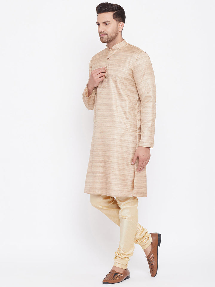 VM BY Vastramay Men's Beige And Gold Silk Blend Kurta Pyjama Set