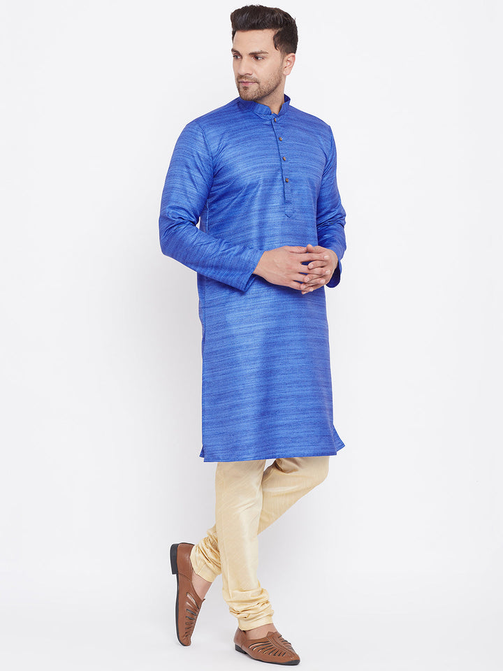 VM BY Vastramay Men's Blue And Gold Silk Blend Kurta Pyjama Set