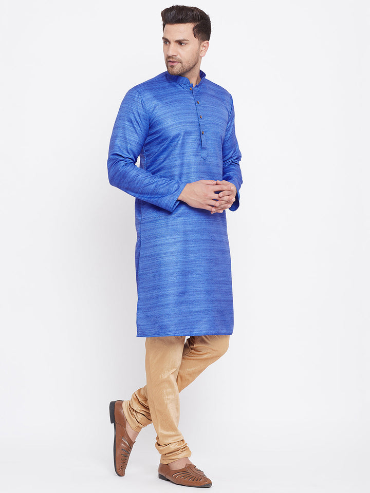 VM BY Vastramay Men's Blue And Rose Gold Silk Blend Kurta Pyjama Set