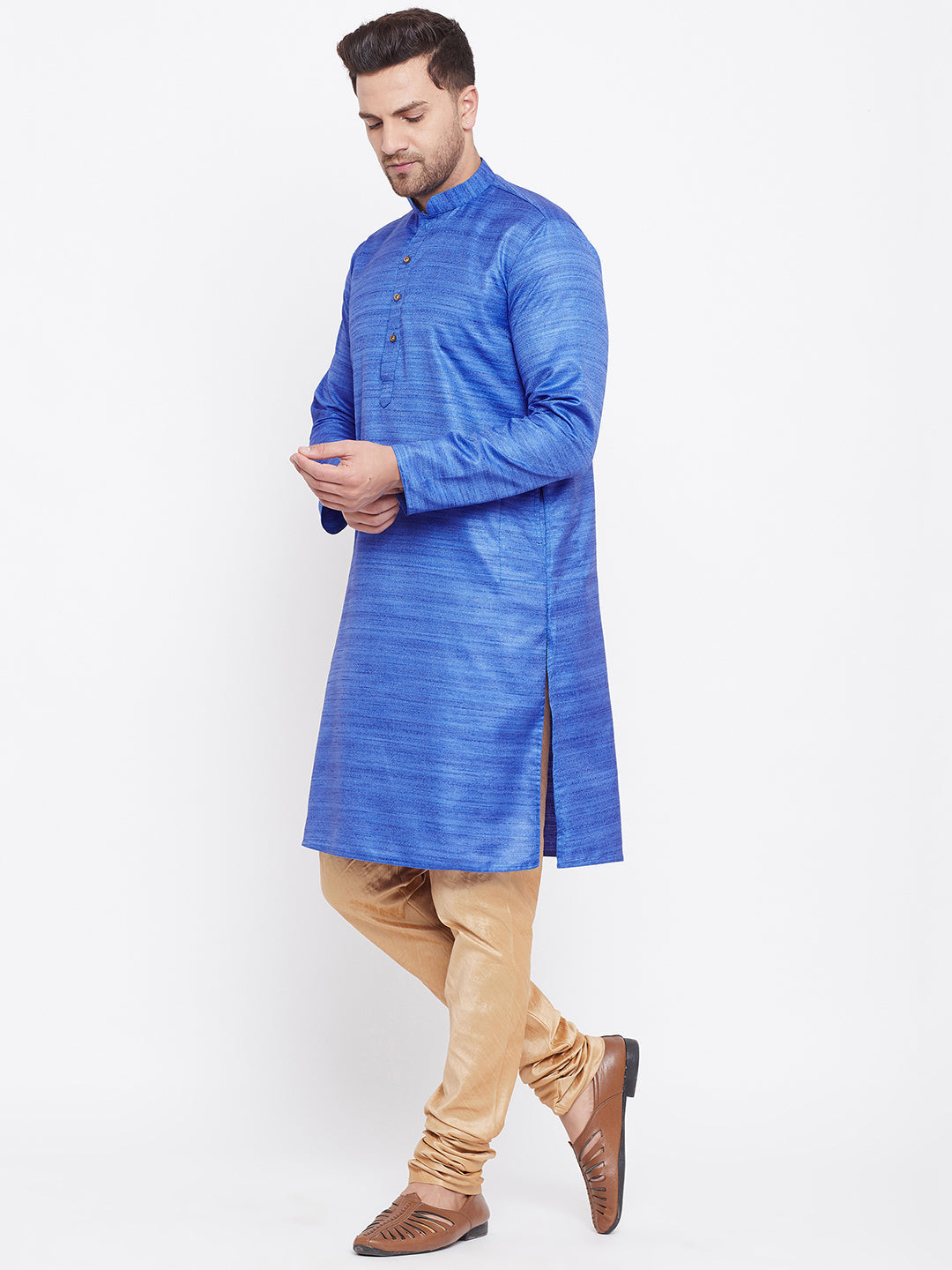 VM BY Vastramay Men's Blue And Rose Gold Silk Blend Kurta Pyjama Set