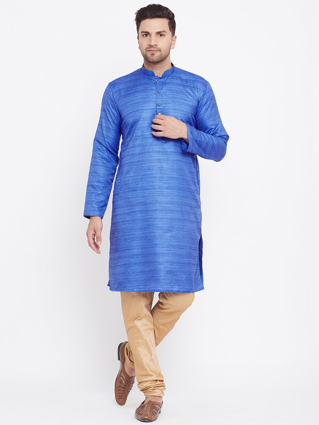 VM BY Vastramay Men's Blue And Rose Gold Silk Blend Kurta Pyjama Set