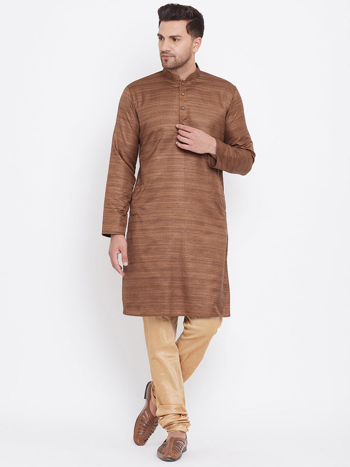 VM BY Vastramay Men's Coffee Brown And Rose Gold Silk Blend Kurta Pyjama Set