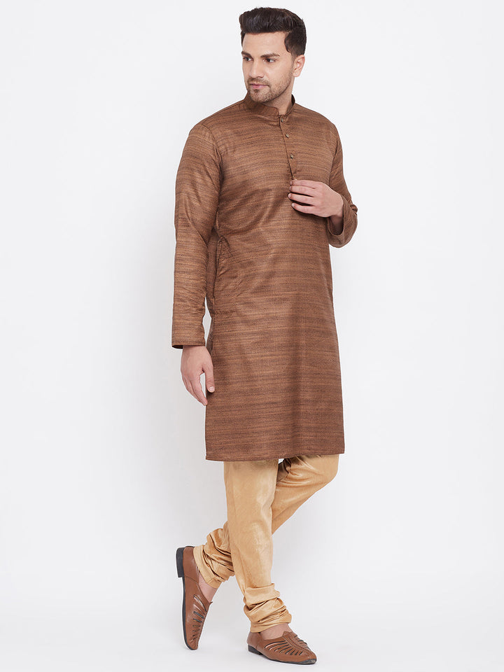 VM BY Vastramay Men's Coffee Brown And Rose Gold Silk Blend Kurta Pyjama Set