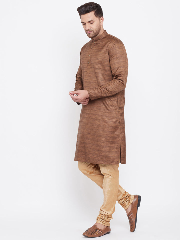 VM BY Vastramay Men's Coffee Brown And Rose Gold Silk Blend Kurta Pyjama Set