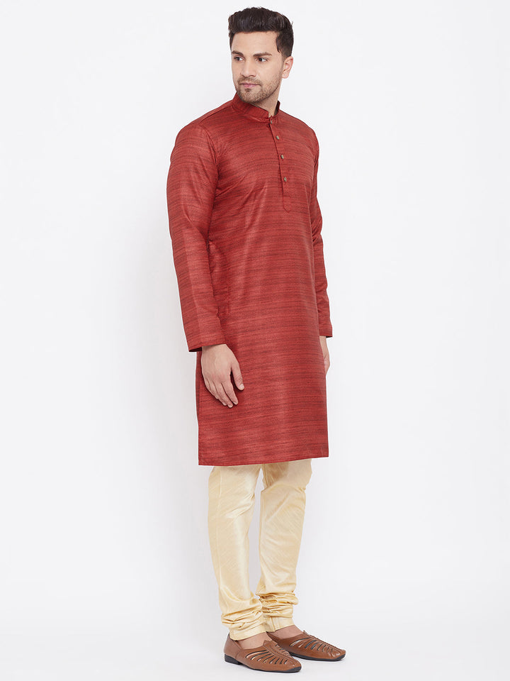 VM BY Vastramay Men's Maroon And Gold Silk Blend Kurta Pyjama Set