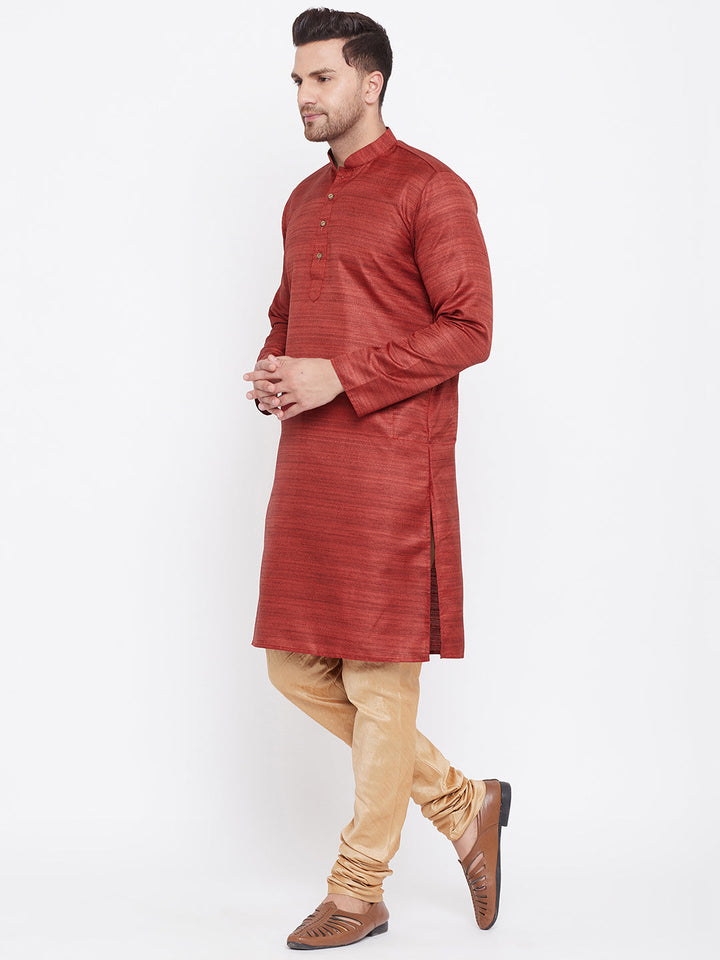 VM BY VASTRAMAY Men's Maroon And Rose Gold Silk Blend Kurta Pyjama Set