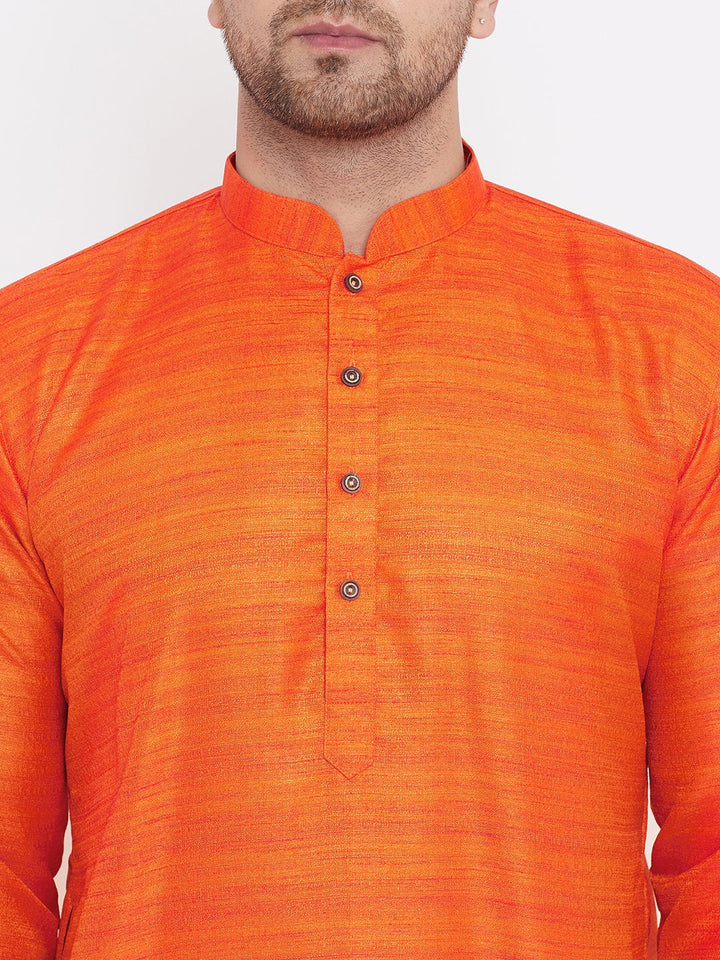 VM BY VASTRAMAY Men's Orange And Gold Silk Blend Kurta Pyjama Set