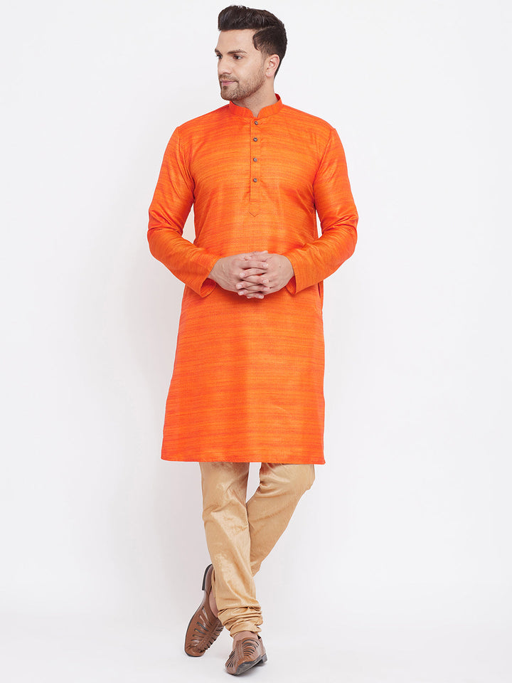 VM BY Vastramay Men's Orange And Rose Gold Silk Blend Kurta Pyjama Set