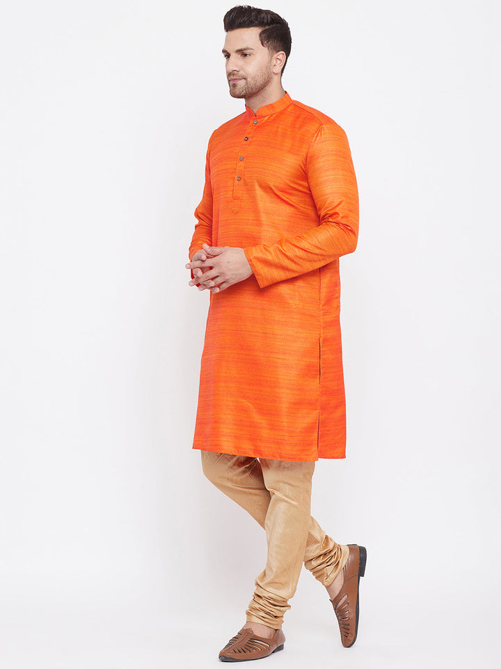 VM BY Vastramay Men's Orange And Rose Gold Silk Blend Kurta Pyjama Set