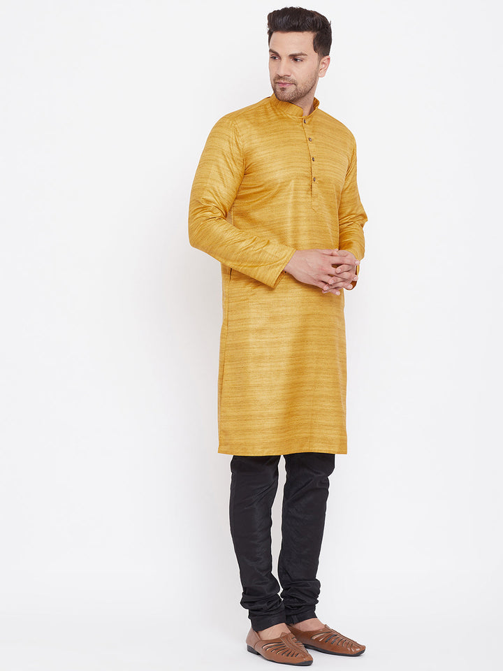 VM BY VASTRAMAY Men's Mustard And Black Silk Blend Kurta Pyjama Set