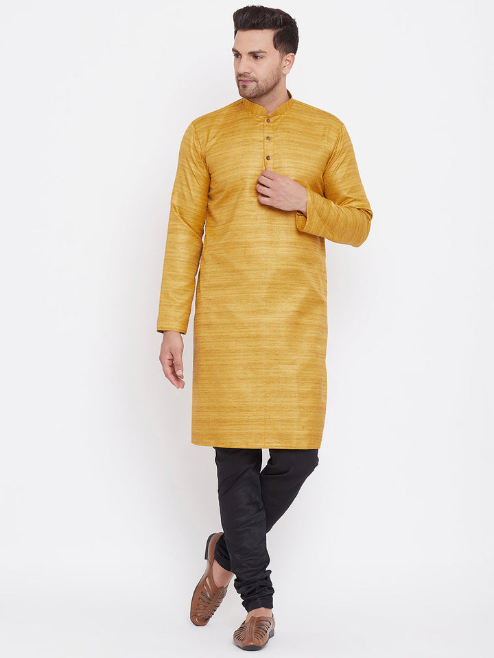 VM BY VASTRAMAY Men's Mustard And Black Silk Blend Kurta Pyjama Set