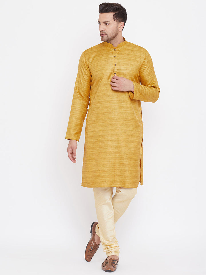 VM BY VASTRAMAY Men's Yellow And Gold Silk Blend Kurta Pyjama Set