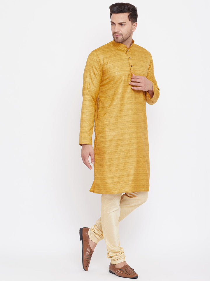 VM BY VASTRAMAY Men's Yellow And Gold Silk Blend Kurta Pyjama Set