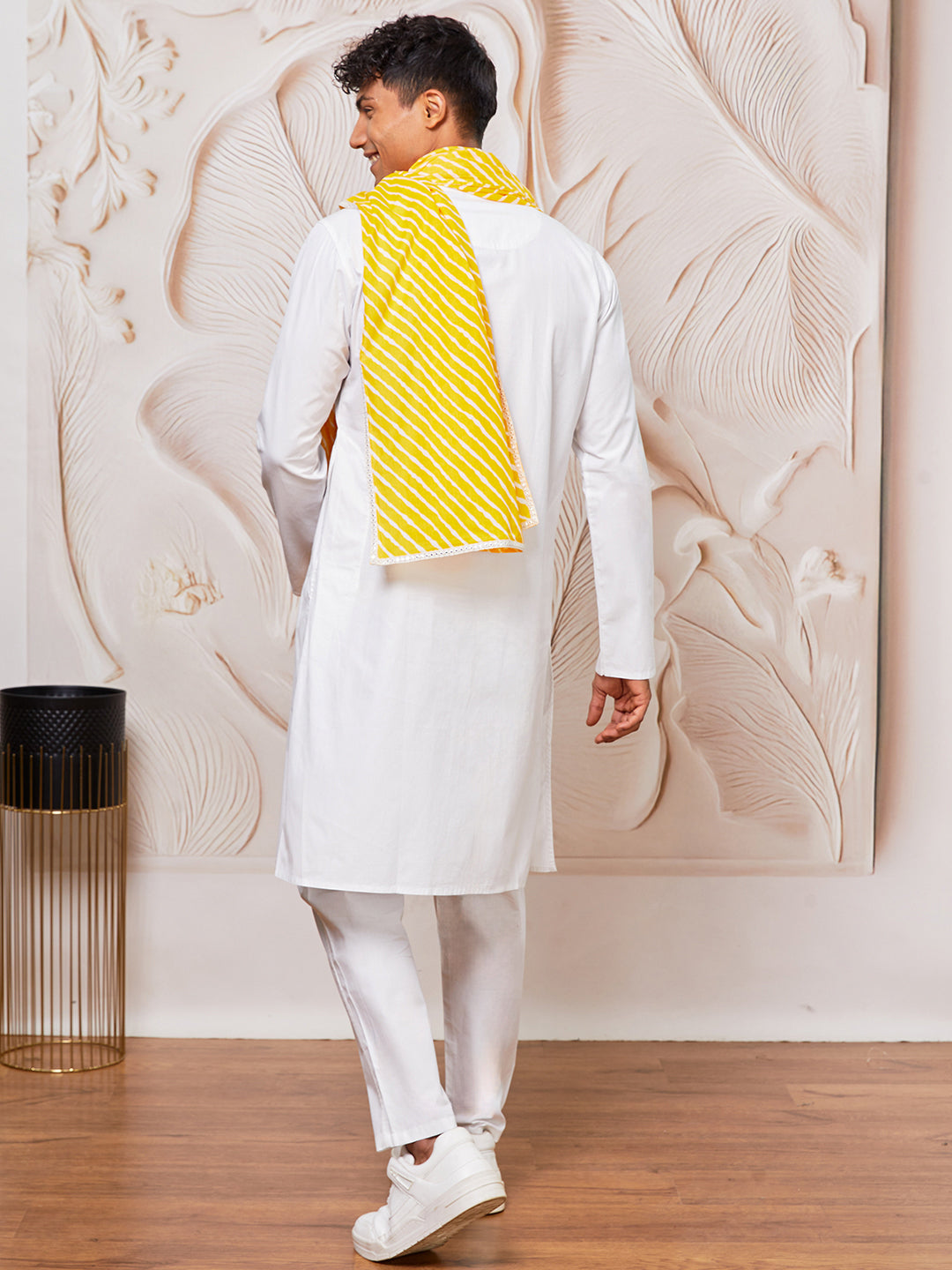 Men's White Cotton  Kurta,Pyjama And Dupatta Set