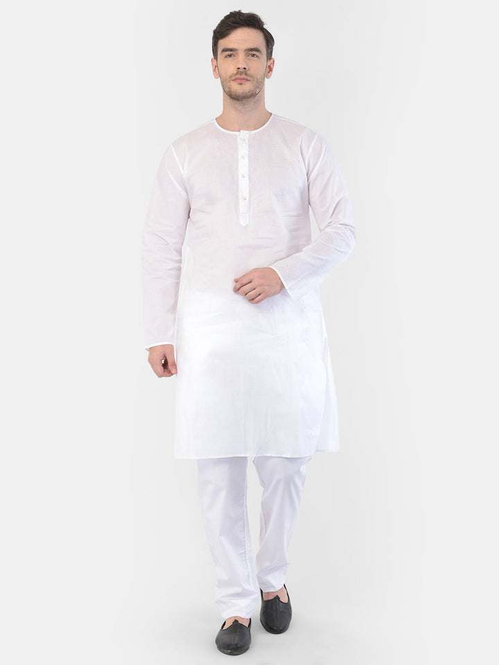 VASTRAMAY Men's White Cotton Addhi Kurta Pyjama Set