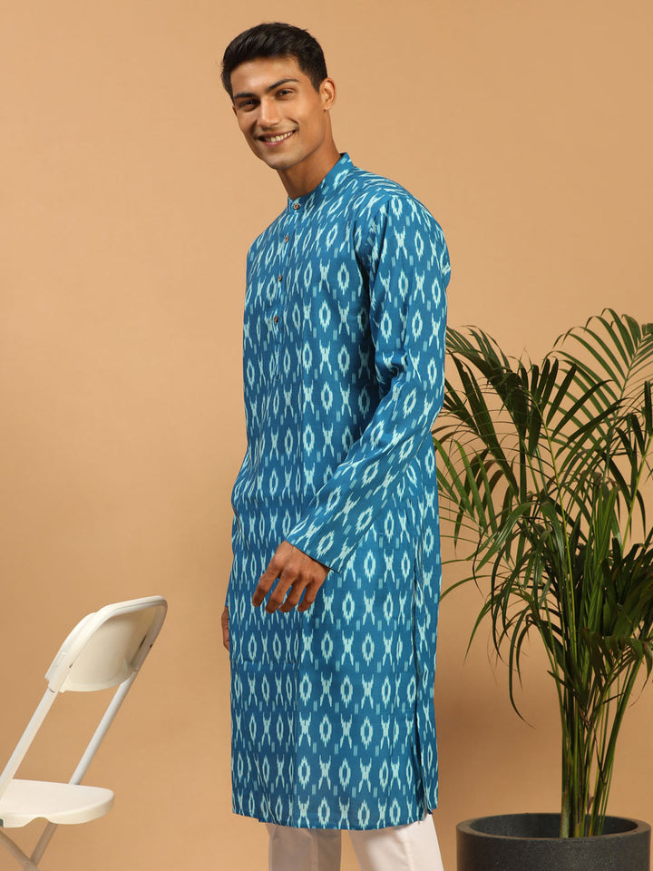 VASTRAMAY Men's Turquoise Ikkat Print Cotton Kurta