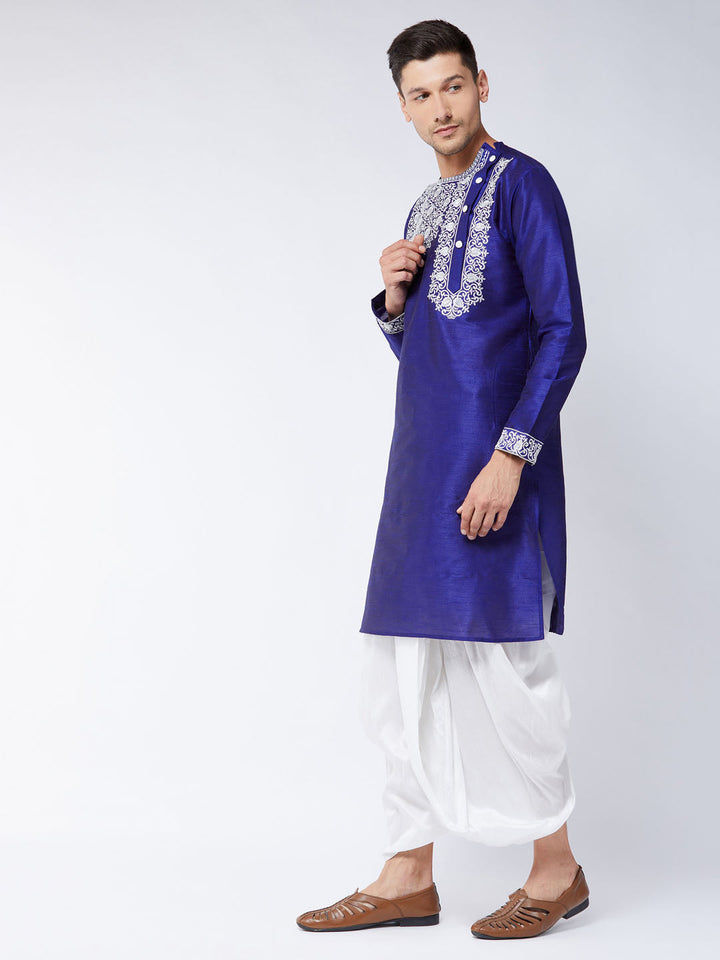 VASTRAMAY Men's Blue And White Silk Blend Kurta and Dhoti Set