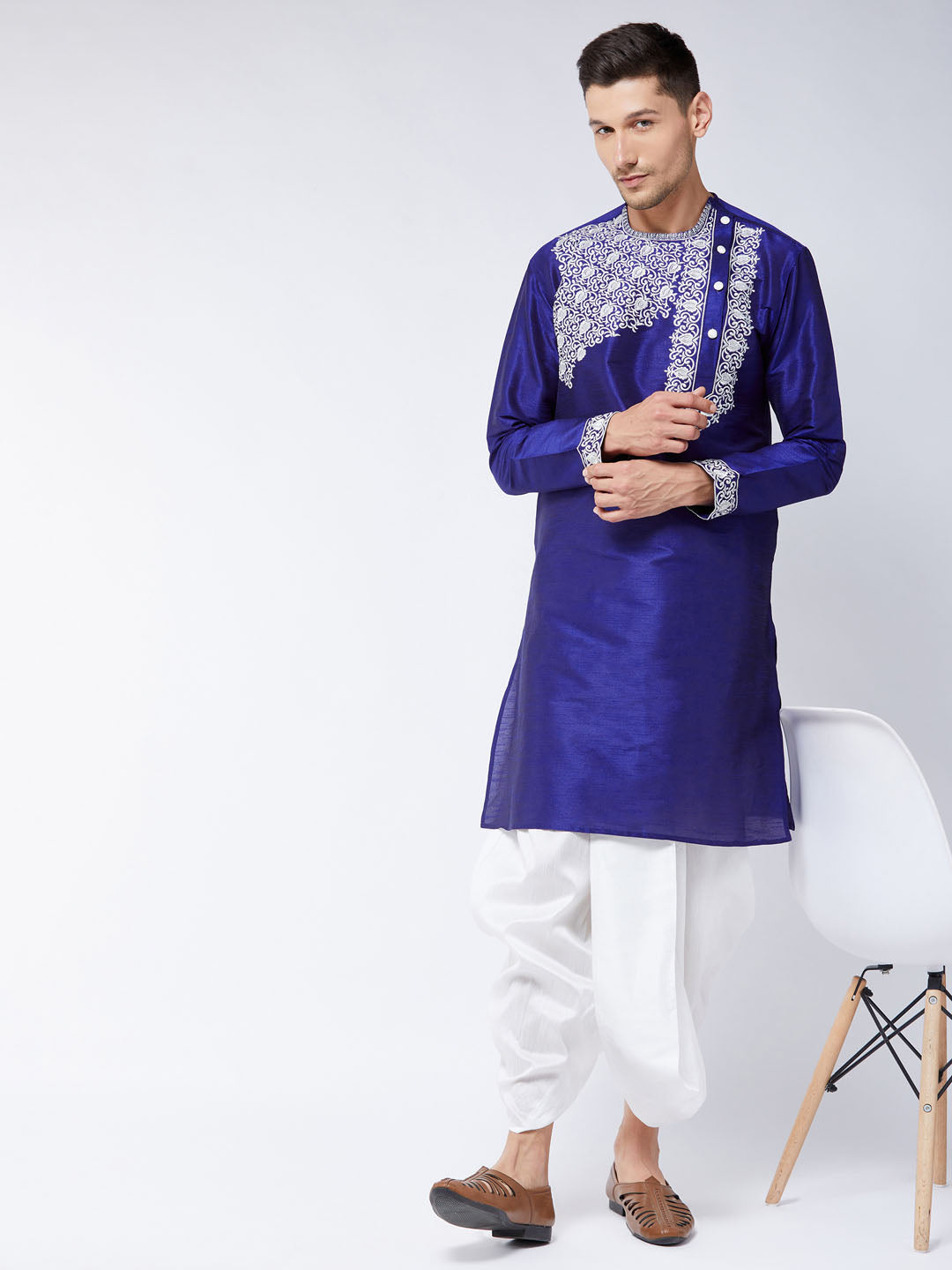 VASTRAMAY Men's Blue And White Silk Blend Kurta and Dhoti Set