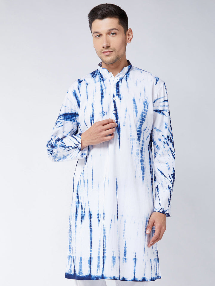 VASTRAMAY Men's Blue And White Pure Cotton Kurta