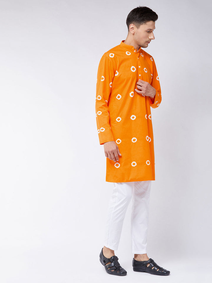 VASTRAMAY Men's Orange And White Cotton Kurta Pyjama Set