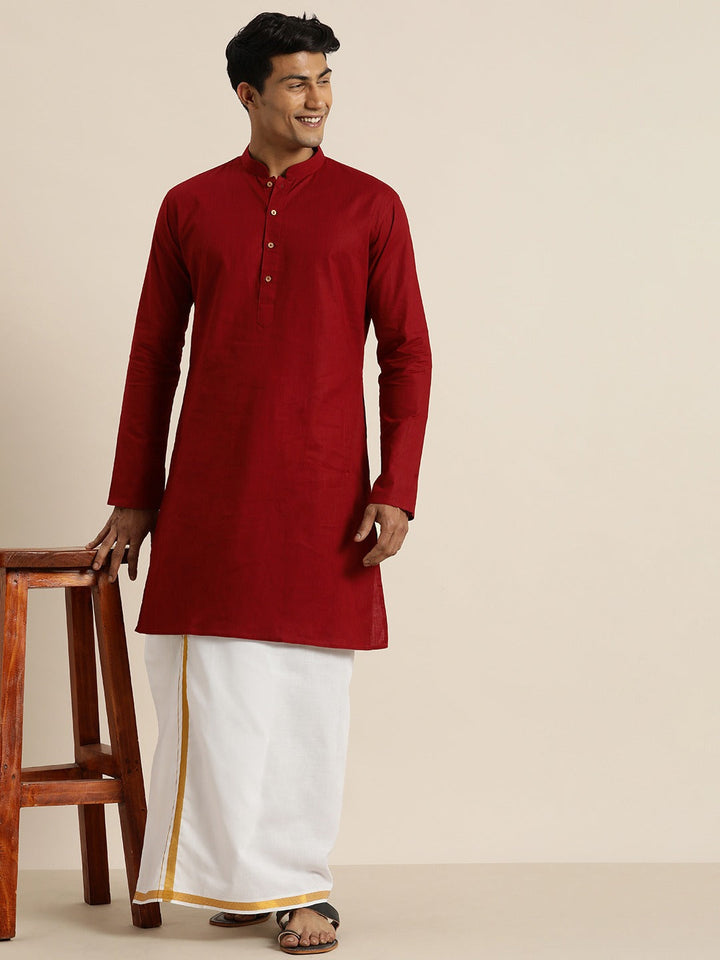 VASTRAMAY Men's Maroon Cotton Kurta And Mundu Set